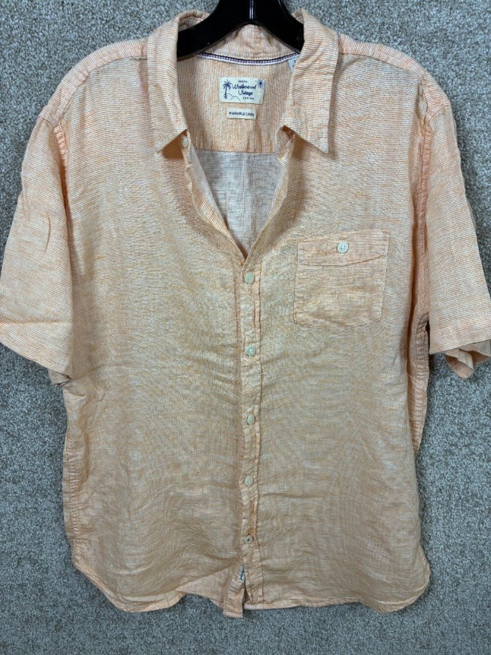 Weatherproof Vintage Mens Large Linen Shirt Orange Stripe Short Sleeve Button Up